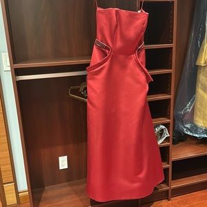 Angel Sanchez,  red strapless long dress , with extra shall to cover optional